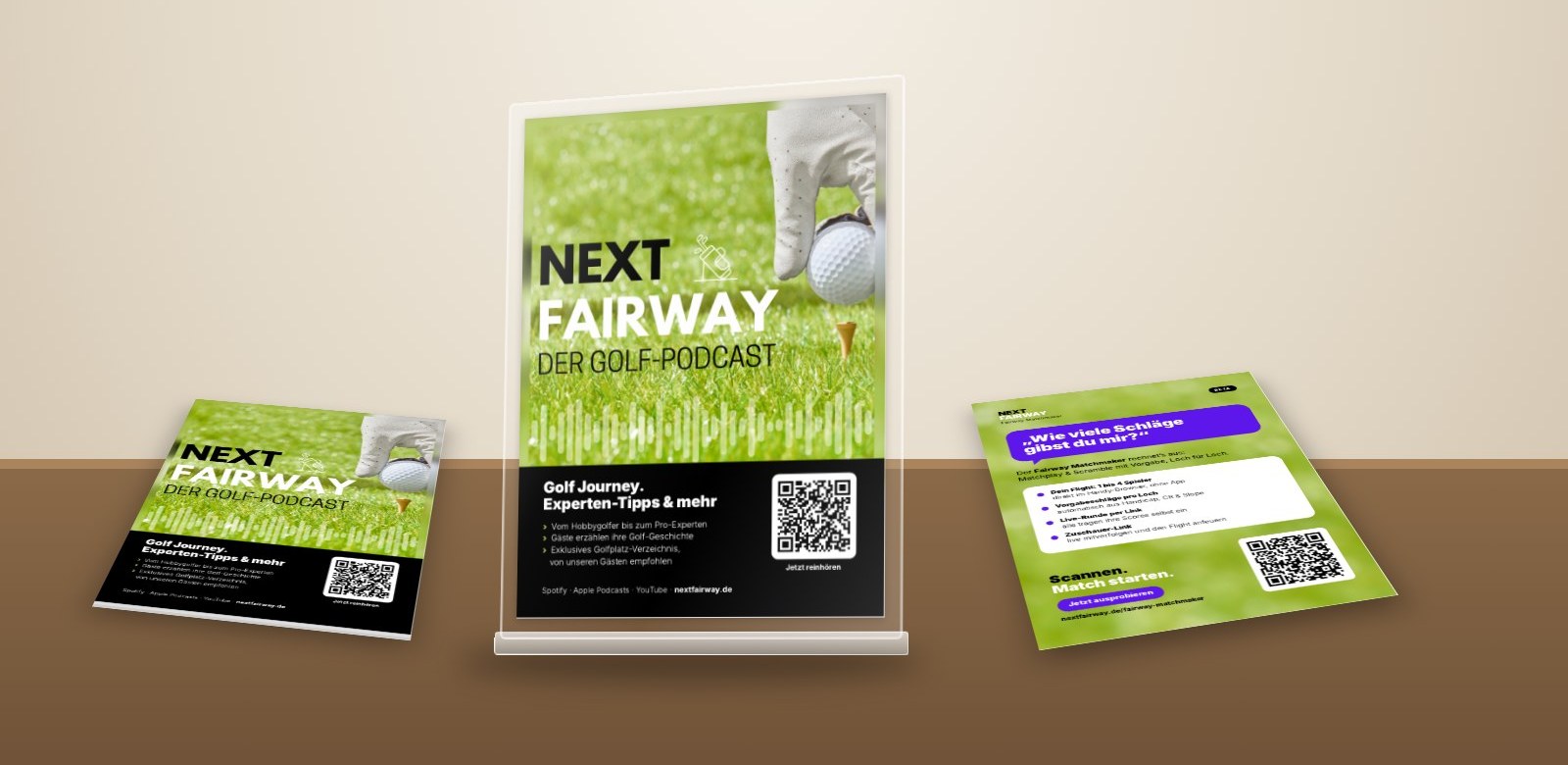 NextFairway-Flyer im Aufsteller mit Vorder- und Rückseite